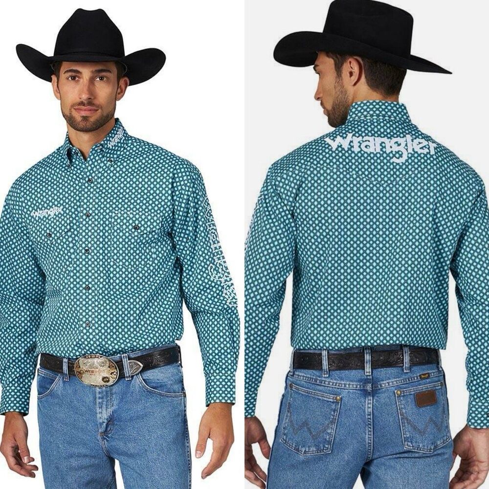 Wrangler Rodeo Shirt Men's Size Medium Blue White Geo Embroidered Western Cowboy